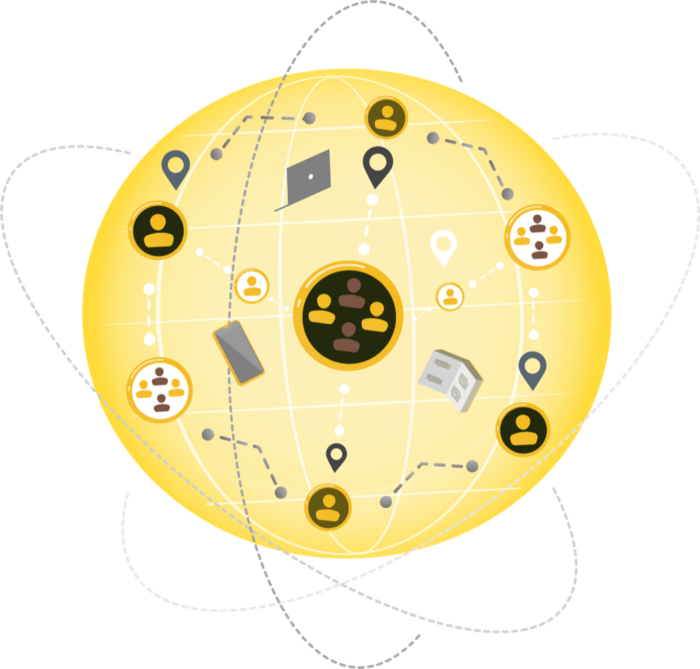 Cartoon graphic with networking symbols