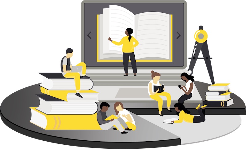 Stylised illustration of people reading books on top of a laptop and piles of books