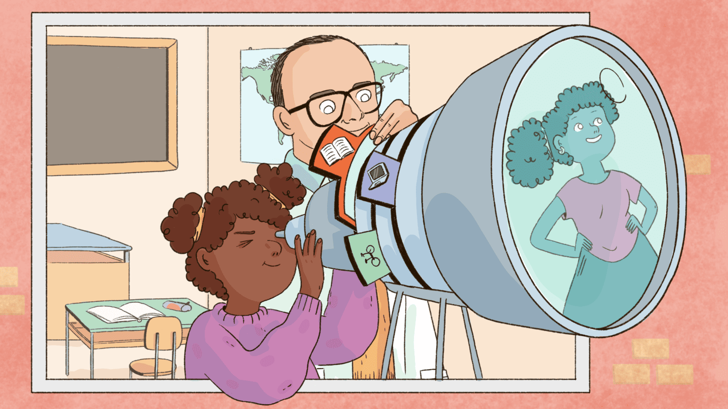 A cartoon of Eddie Brummelman showing a schoolgirl her future through a telescope