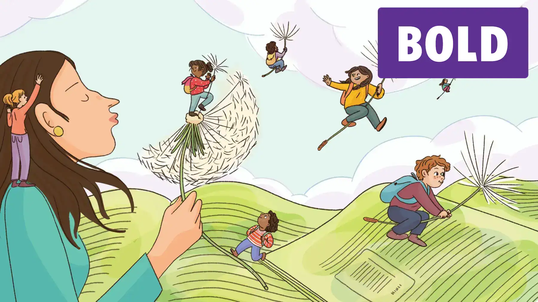 Illustration of children playing with dandelions