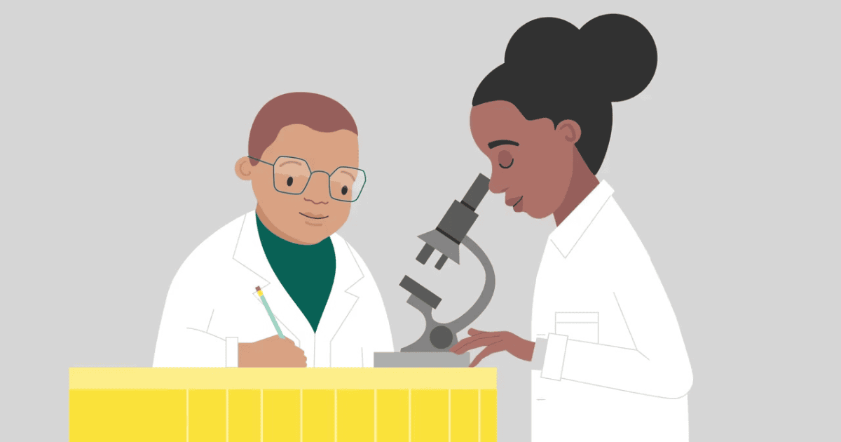 Illustration of scientists at a microscope.