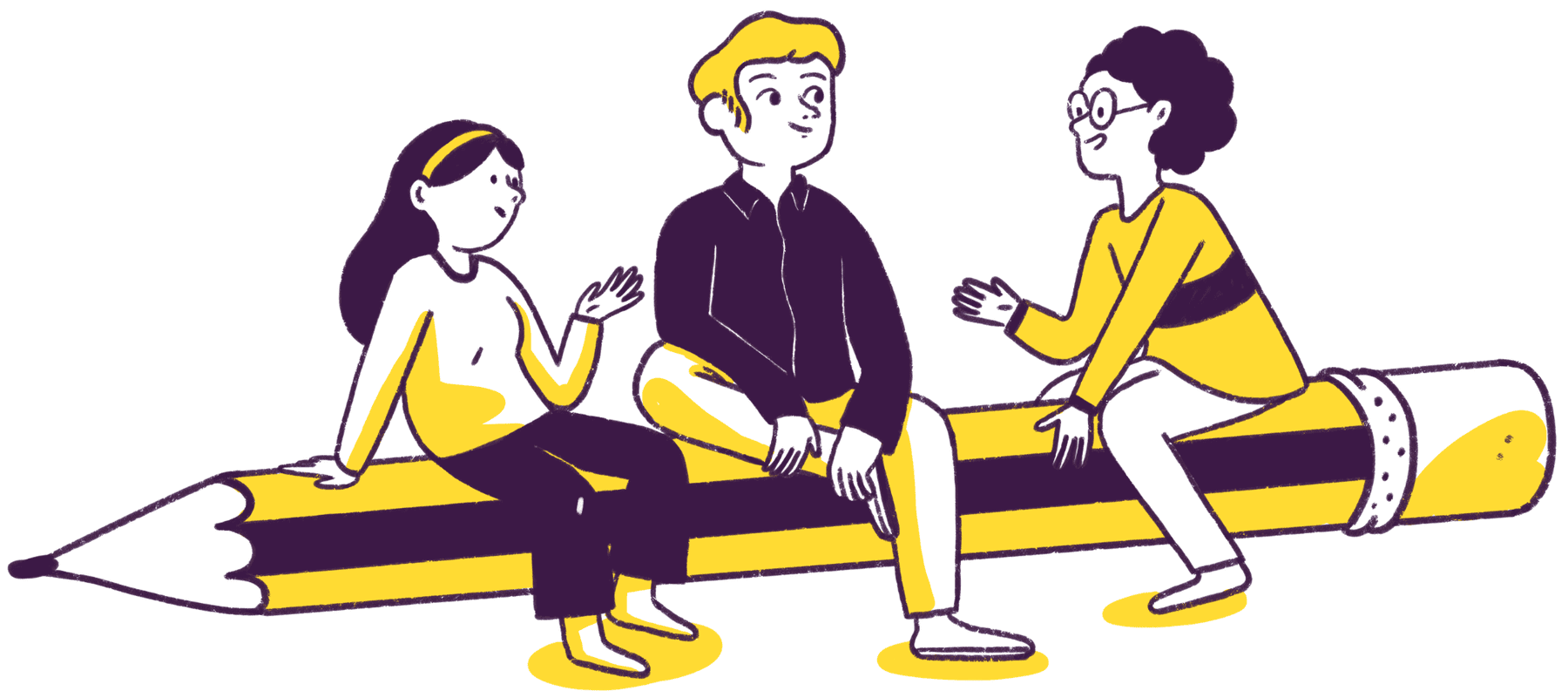 Illustration of three researchers sitting on a pencil.